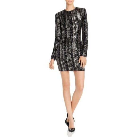 NWT Bodycon Striped Sequin Long Sleeved Cocktail Mini Dress Black Gold Small - Picture 1 of 4